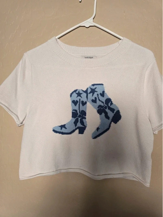 Haute Hippie Tops - Haute Hippie white & blue cowboy boots crop sweater